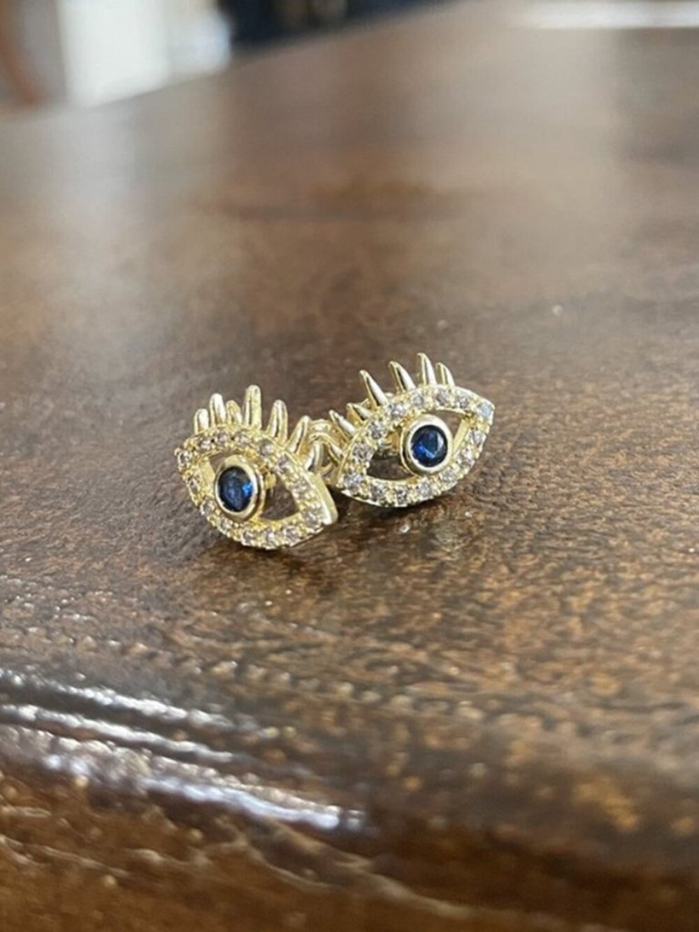 Gold Boho Evil Eye Protection Stud Earrings Blue Clear CZ | Eyelash | Talisman - Picture 10 of 13